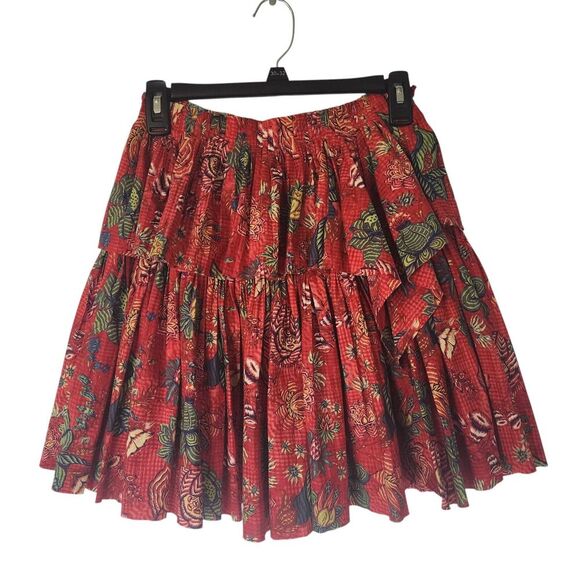 Ulla Johnson Mini Skirt Juno Tiered Pleated Poplin In Hibiscus Size 0 Red Cotton - Picture 2 of 9